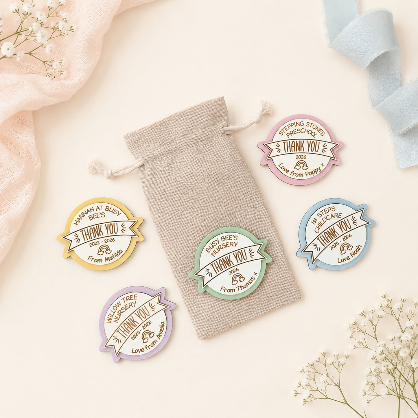 Nursery thank you gift front token colour options with personalised drawstring bag