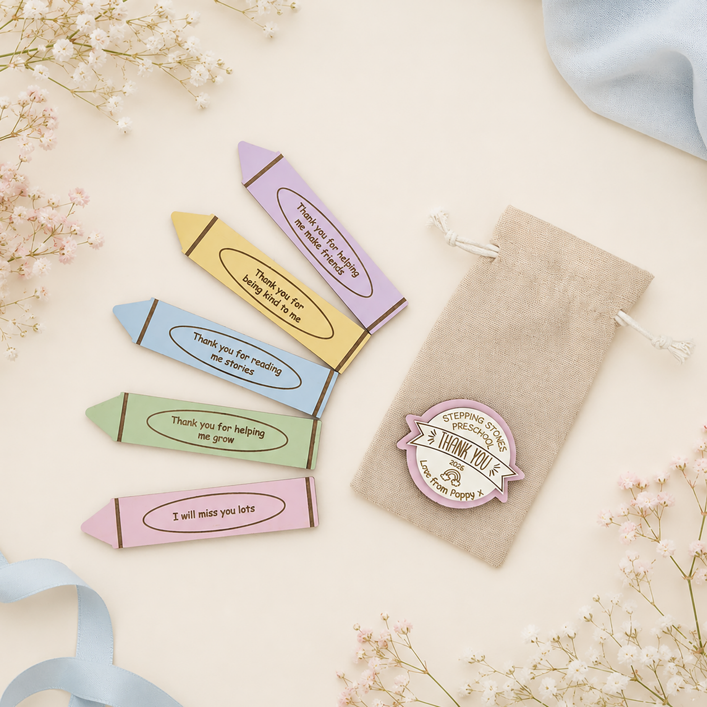 Nursery thank you token bag with personalised front token and five crayon message tokens