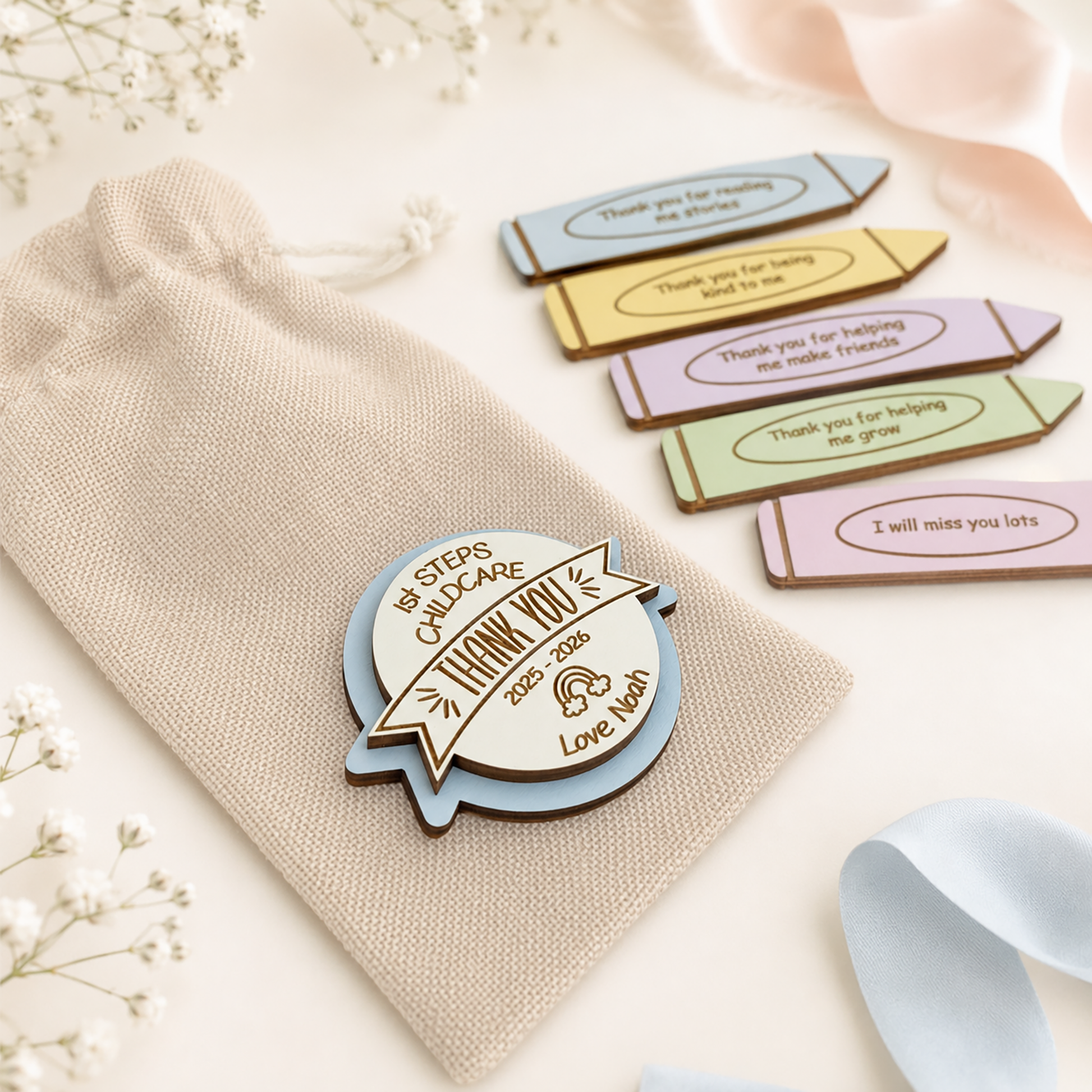 Personalised nursery thank you front token with child’s name and year