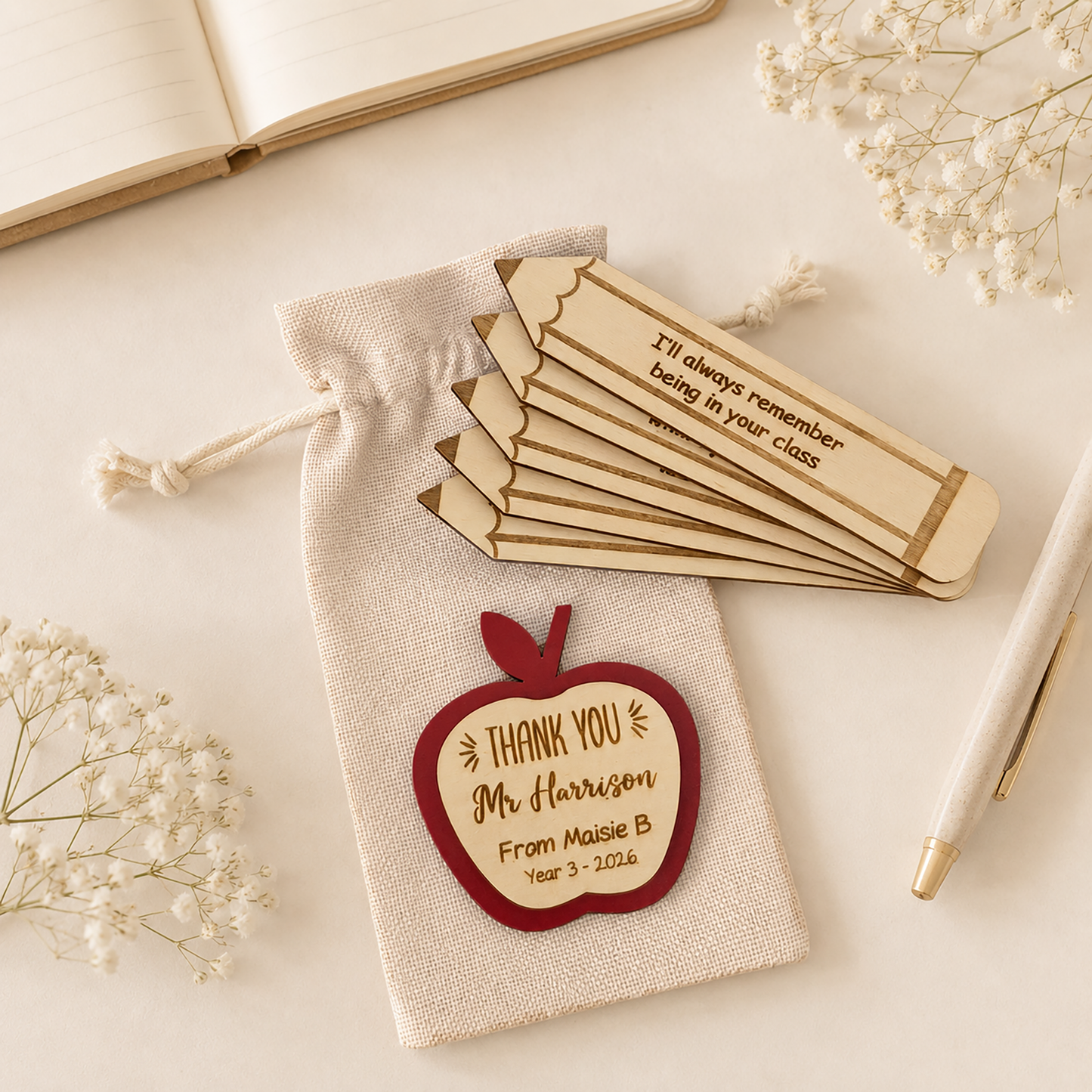 Personalised teacher thank you gift with wooden apple token and pencil message tokens