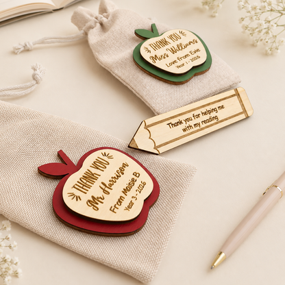 Personalised teacher thank you gift with wooden apple token and pencil message tokens