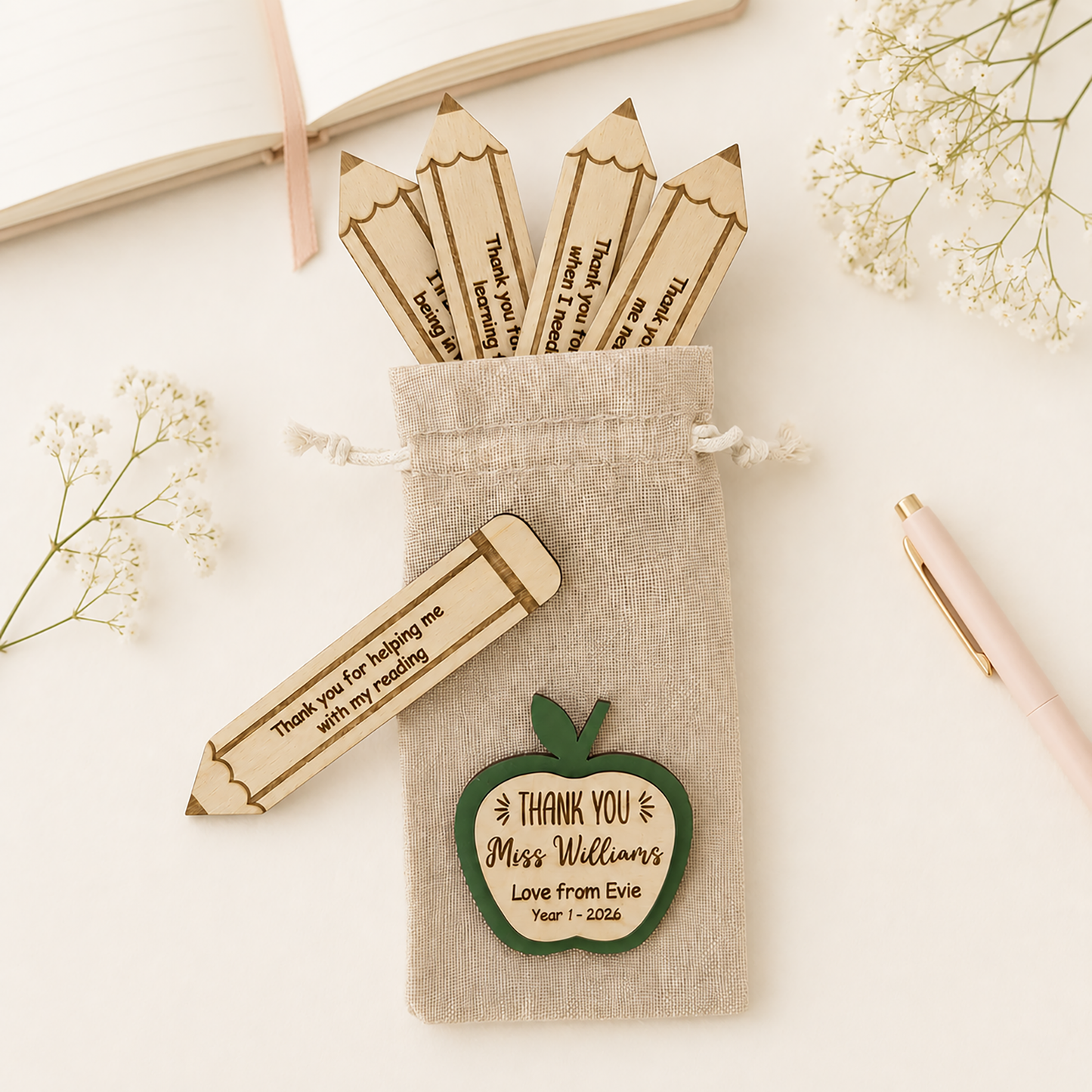 Personalised teacher thank you gift with wooden apple token and pencil message tokens