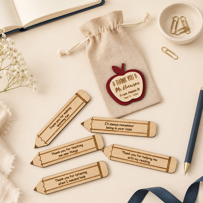 Personalised teacher thank you gift with wooden apple token and pencil message tokens
