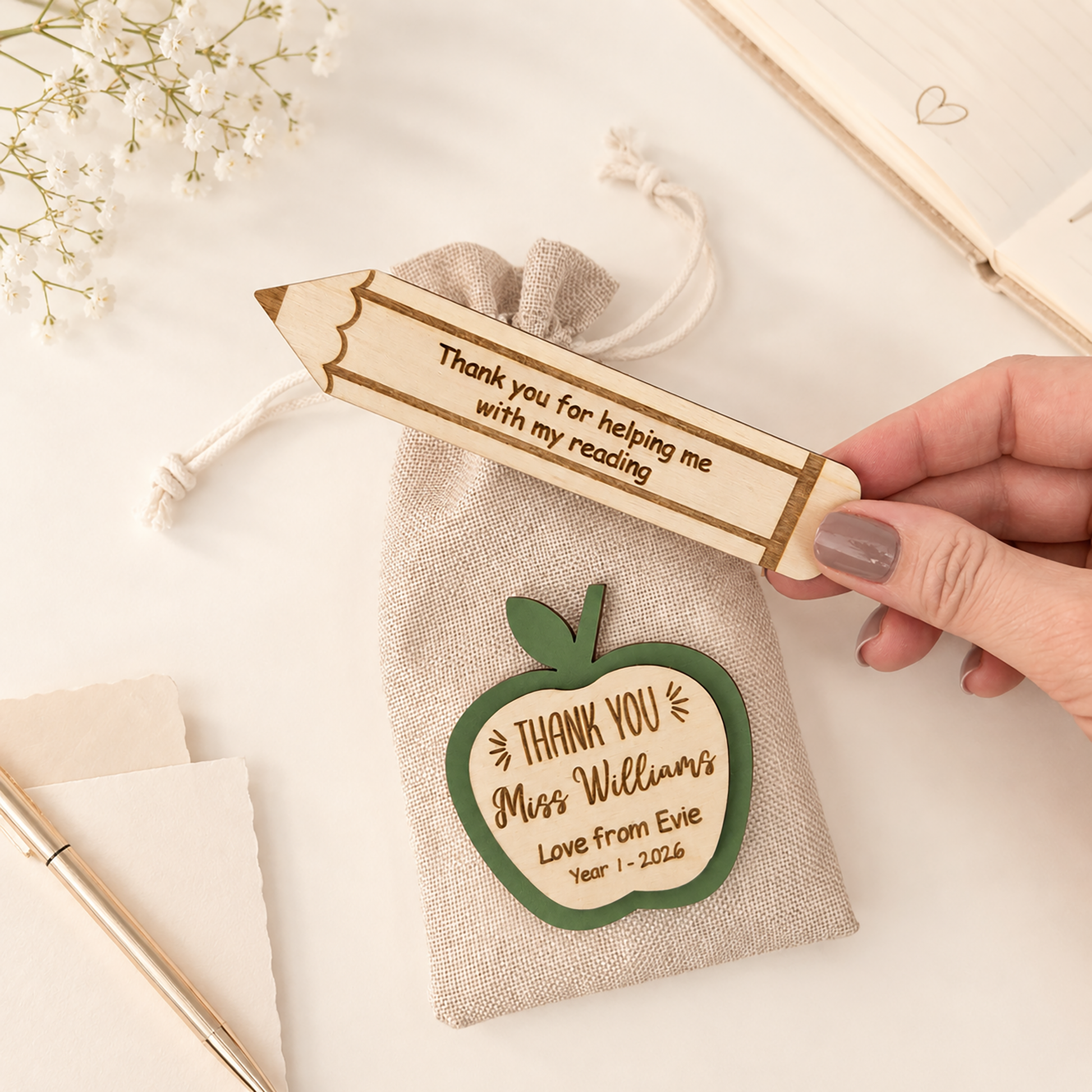 Personalised teacher thank you gift with wooden apple token and pencil message tokens